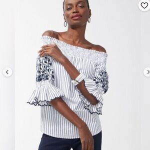 Chico's | Smocked Striped Embroidered Off-the-Shoulder Blouse Sz 10